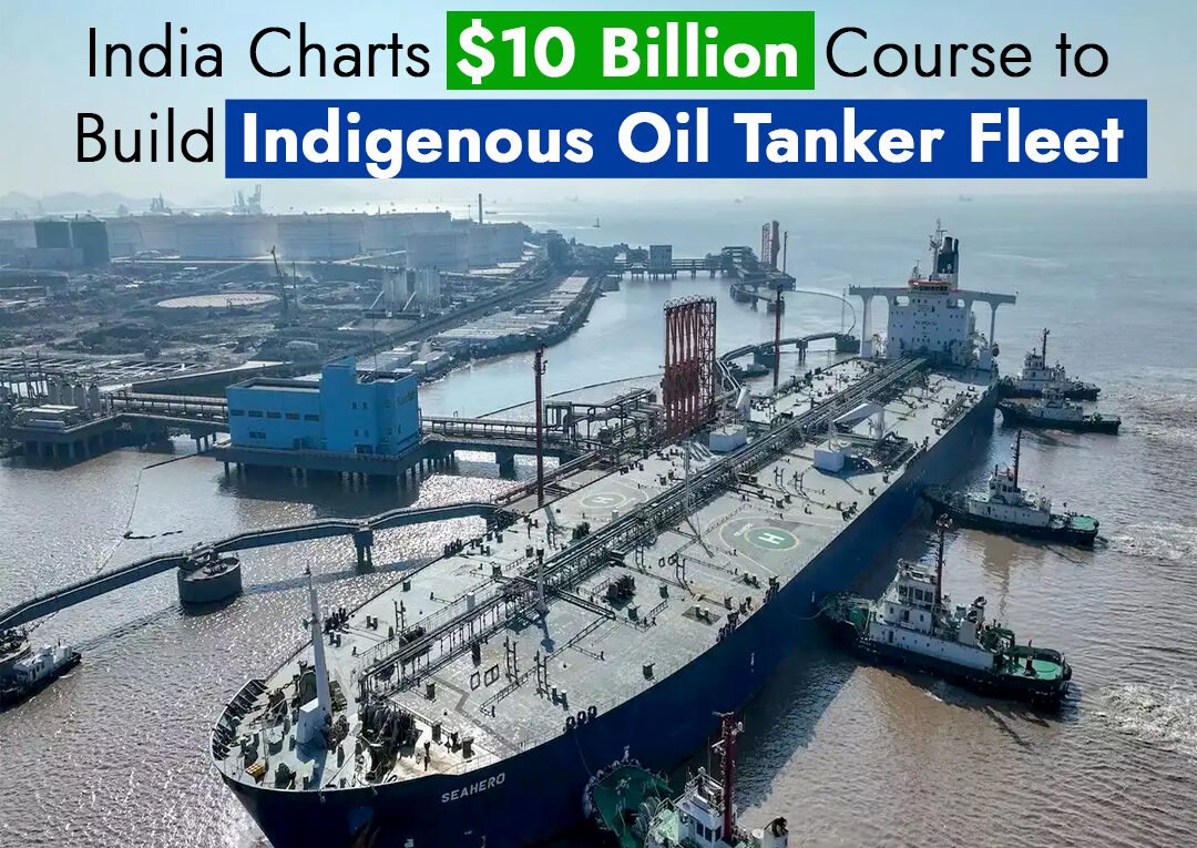 A fleet of modern crude oil tankers, with the Indian flag prominently displayed, sailing on the open sea.