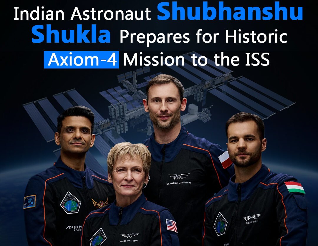 Indian astronaut Shubhanshu Shukla, wearing a flight suit, alongside his international crewmates (Peggy Whitson, Sławosz Uznański-Wiśniewski, and Tibor Kapu) in a celebratory send-off event before their Axiom Mission 4 (Ax-4) pre-launch quarantine for the International Space Station (ISS) mission.