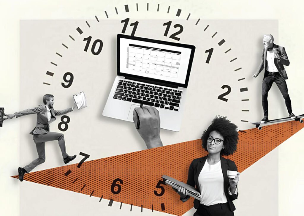 A diverse group of professionals, some working on laptops in a collaborative setting, others engaged in virtual meetings, symbolizing the blend of traditional and gig workers in a modern workforce.