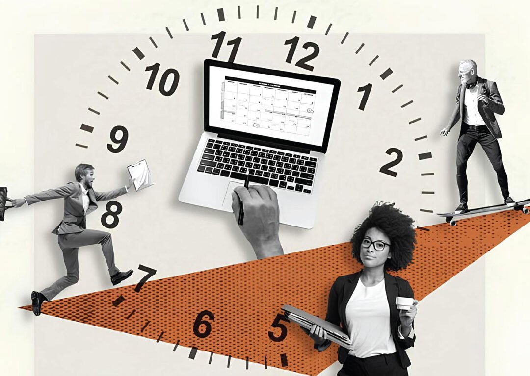 A diverse group of professionals, some working on laptops in a collaborative setting, others engaged in virtual meetings, symbolizing the blend of traditional and gig workers in a modern workforce.