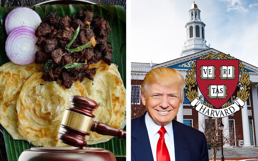 A split image or montage showing, on one side, a plate of food (like beef fry and parotta) with a small, empty space for gravy, and on the other, a visual representation of a prestigious university building with dollar signs or a "no" symbol overlaid, symbolizing the withdrawal of funding.