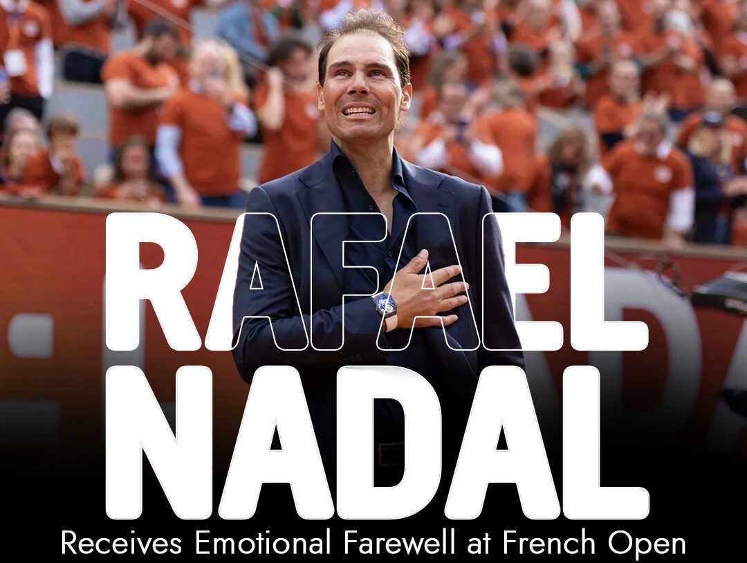 Rafael Nadal, looking emotional, stands on Court Philippe-Chatrier during his French Open farewell ceremony, surrounded by cheering fans and a "MERCI RAFA" banner.