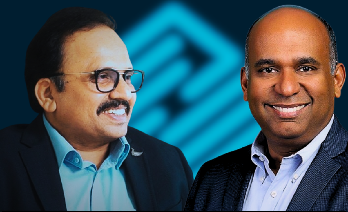 A split image featuring professional portraits of Venkatesh Korla (Global CEO) and Mahesh Kumar Nutalapati (Global CFO) against a background suggesting digital transformation or global business.