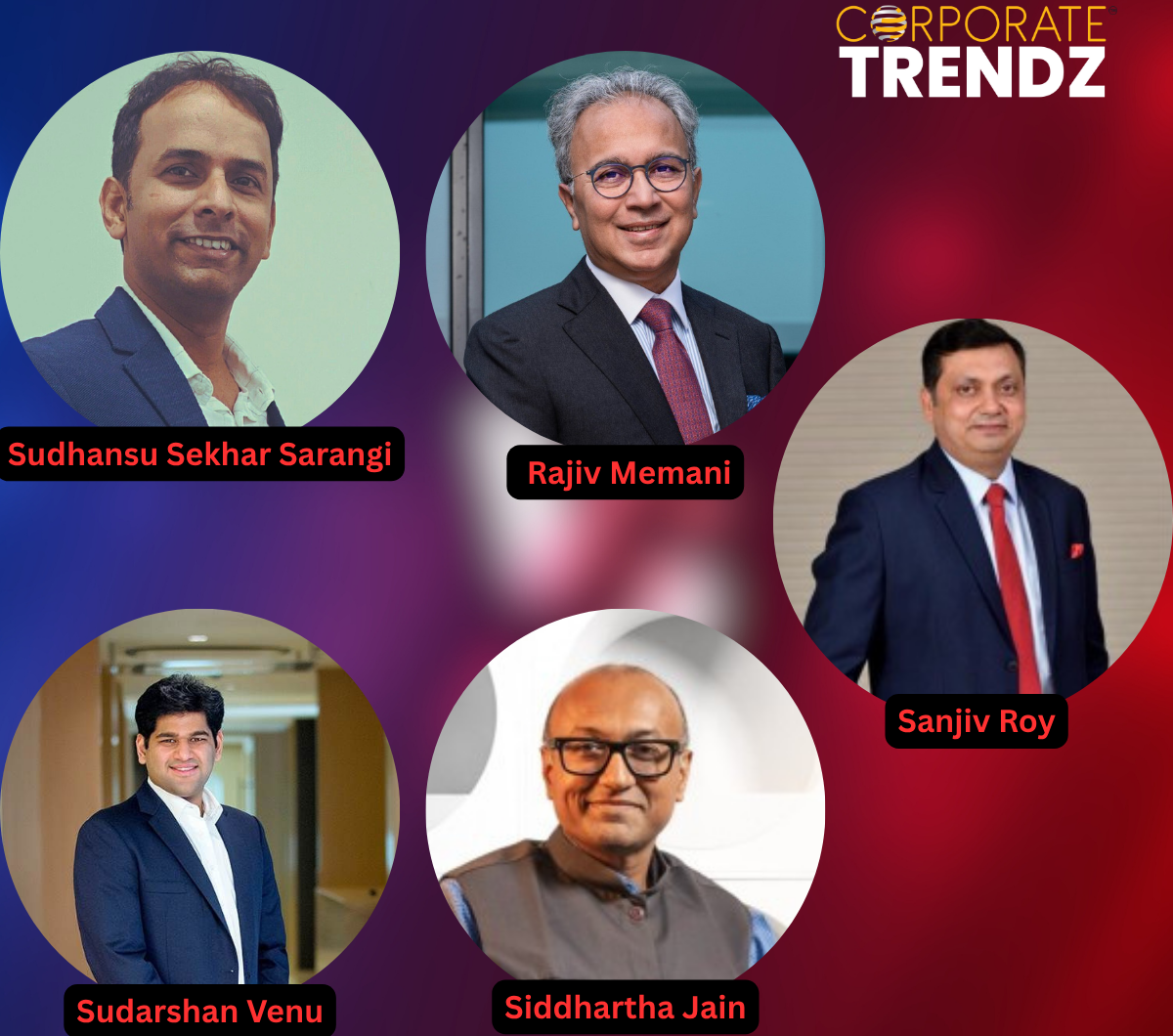A composite image featuring professional headshots of multiple individuals (Sudhansu Sekhar Sarangi, Rajiv Memani, Sanjiv Roy, Sudarshan Venu, Siddhartha Jain) arranged around a central graphic that symbolizes diverse industries like finance, automotive, and technology, representing key leadership appointments across various Indian companies.
