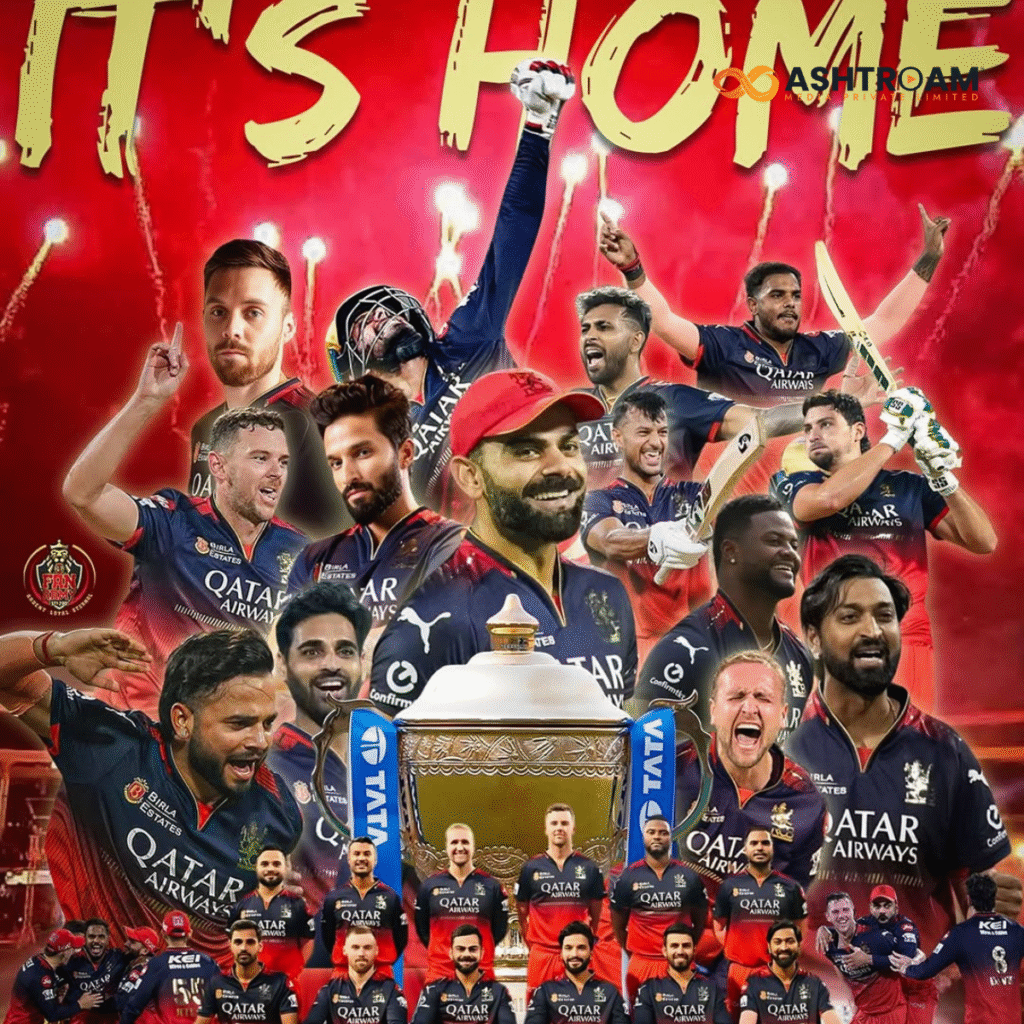 RCB IPL 2025 Champions: Virat Kohli, Rajat Patidar, and team celebrate with the trophy, a historic moment of victory.