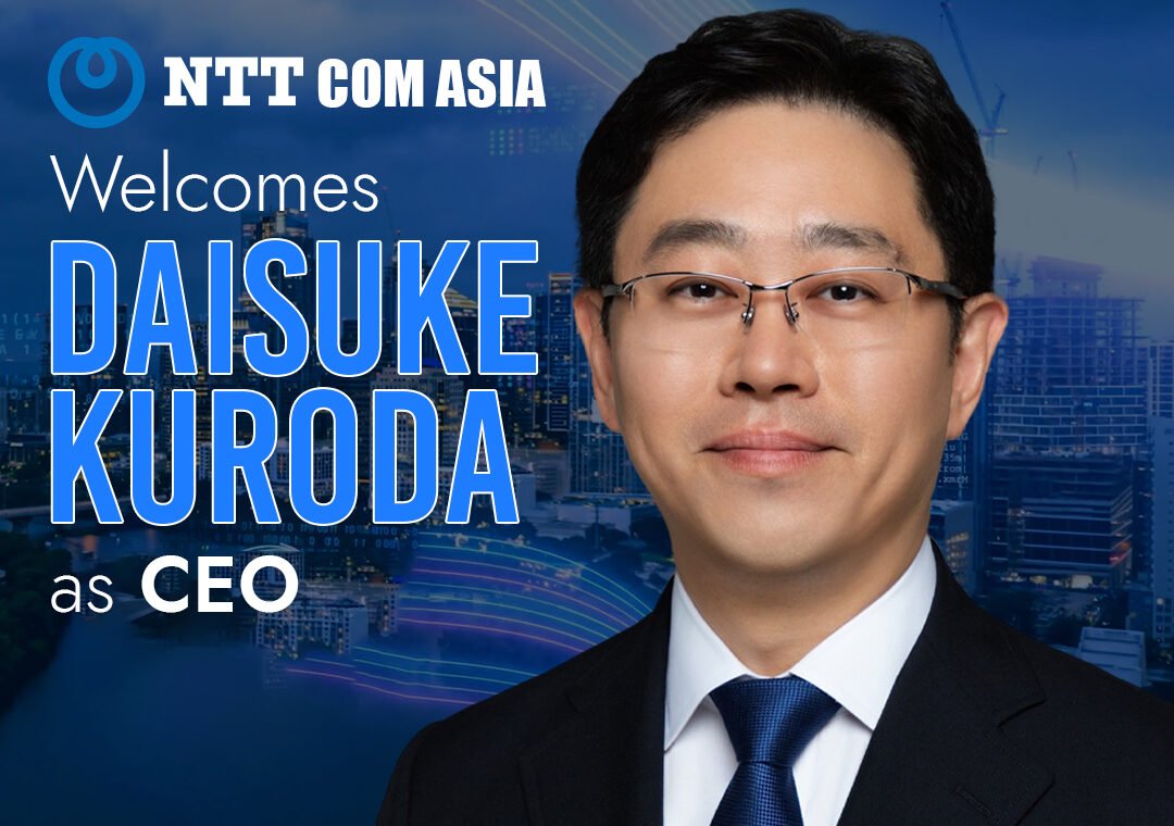 A professional headshot of Daisuke Kuroda, the newly appointed CEO of NTT Com Asia, with the NTT Communications logo or a futuristic digital backdrop, symbolizing his leadership in technology and innovation.