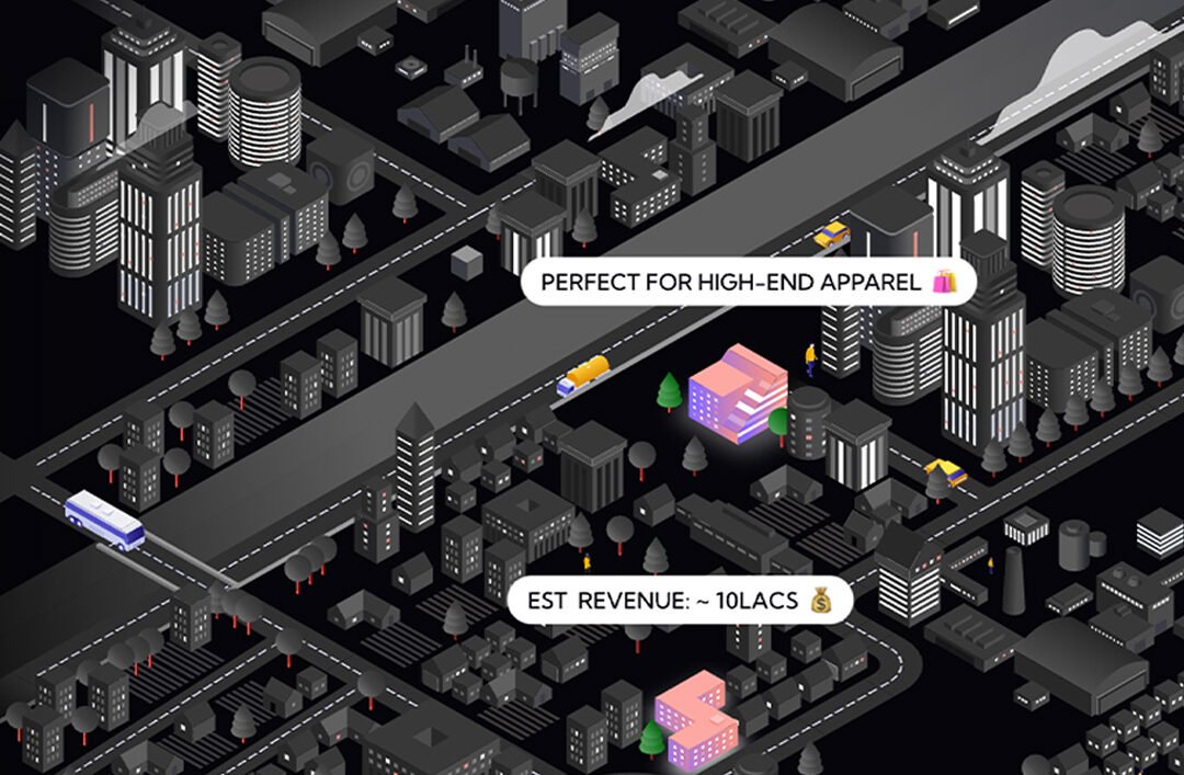 AI-powered map showing various data layers, such as demographics, foot traffic, and income levels, used by GeoIQ to identify optimal locations for business expansion.