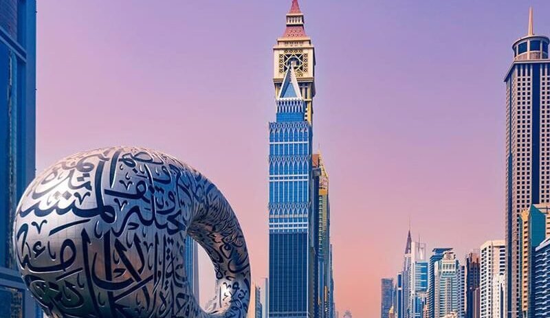 Dubai skyline with the Burj Khalifa and a bustling business district, illustrating the blend of innovation and luxury, with a focus on business travelers.