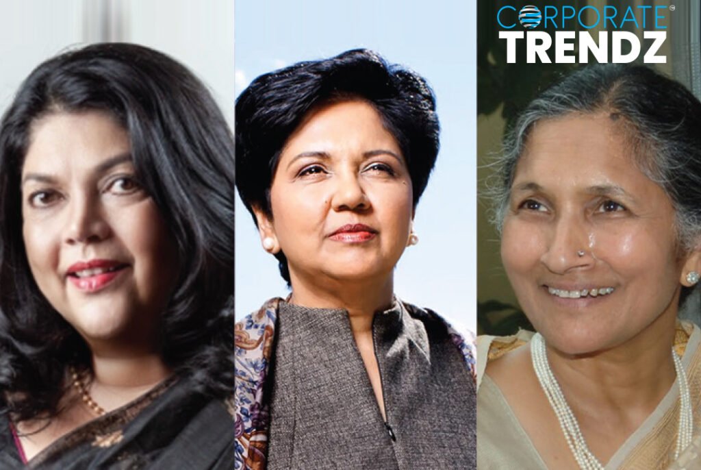 A diverse group of strong, confident Indian women leaders from various professional backgrounds, perhaps in a panel discussion or a collaborative setting.