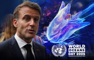 United Nations logo displayed prominently with ocean waves in the background, symbolizing the UN Ocean Conference in France.