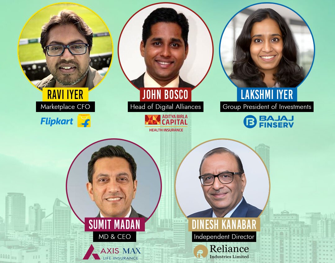A professional collage featuring headshots of Ravi Iyer, John Bosco, Lakshmi Iyer, Sumit Madan, and Dinesh Kanabar, with company logos subtly integrated, representing new leadership across key Indian industries.
