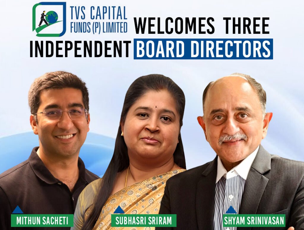 A professional collage or grid featuring individual headshots of Shyam Srinivasan, Subhasri Sriram, and Mithun Sacheti, with the TVS Capital Funds logo, signifying new, experienced additions to the board of directors.