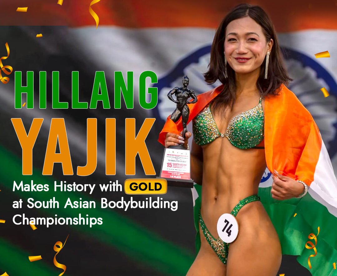 Hillang Yajik, wearing a sparkling bikini and posing proudly on a bodybuilding stage with her gold and silver medals around her neck, against a backdrop of the championship event.