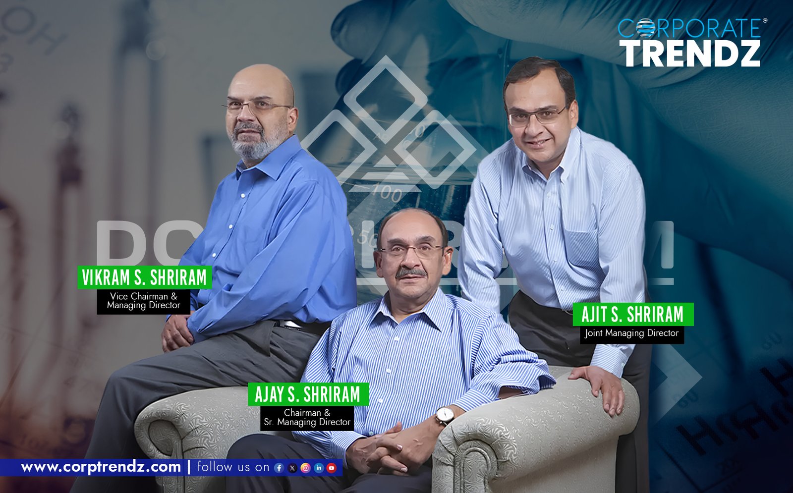 The logos of DCM Shriram and Hindusthan Speciality Chemicals Limited (HSCL) displayed side-by-side or merging, symbolizing the acquisition, against a background hinting at chemical structures or industrial manufacturing.