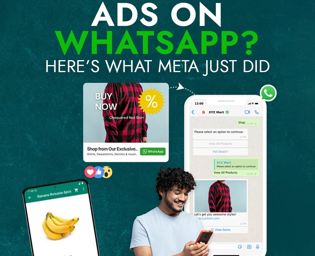 A WhatsApp screen showing the "Updates" tab with an ad subtly integrated between Status updates, indicating the new advertising approach.