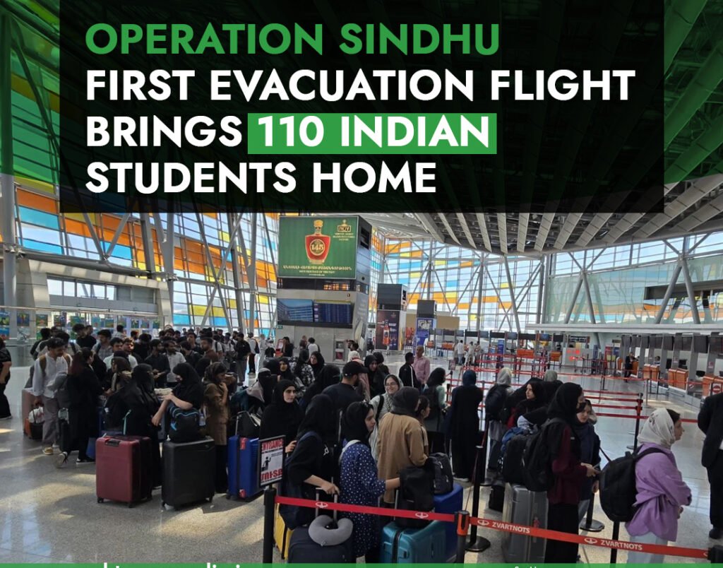 Indian students, relieved, disembarking an evacuation flight in Delhi as part of Operation Sindhu, with airport personnel in the background.