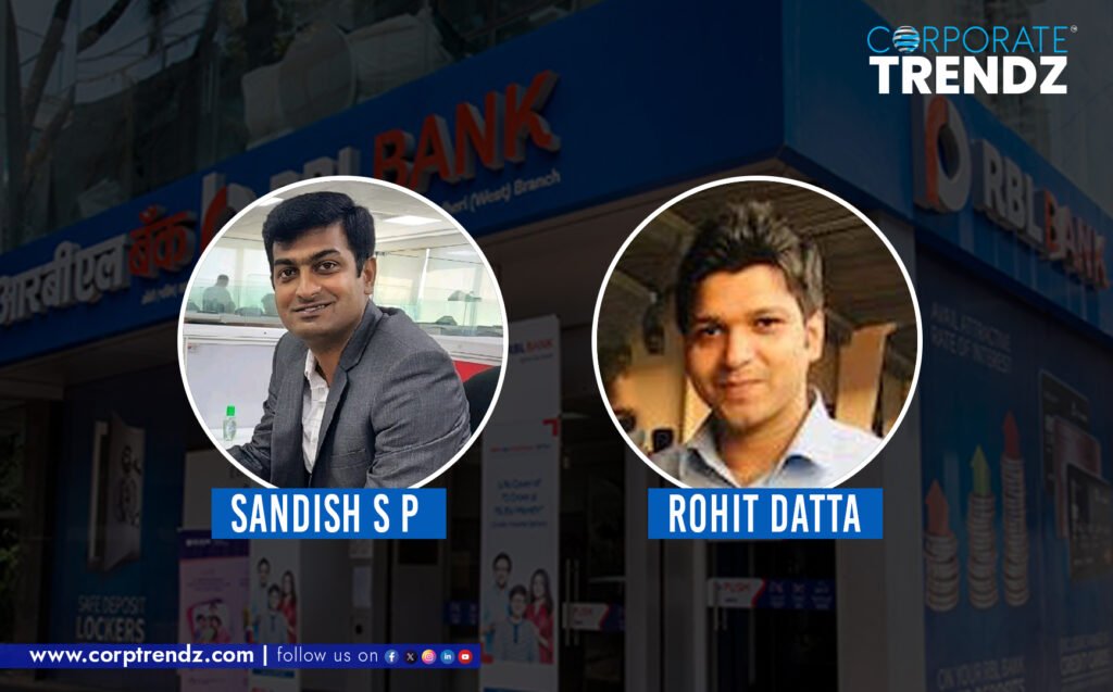 A split image showing professional headshots of Sandish S P and Rohit Datta, highlighting RBL Bank's new leadership appointments.