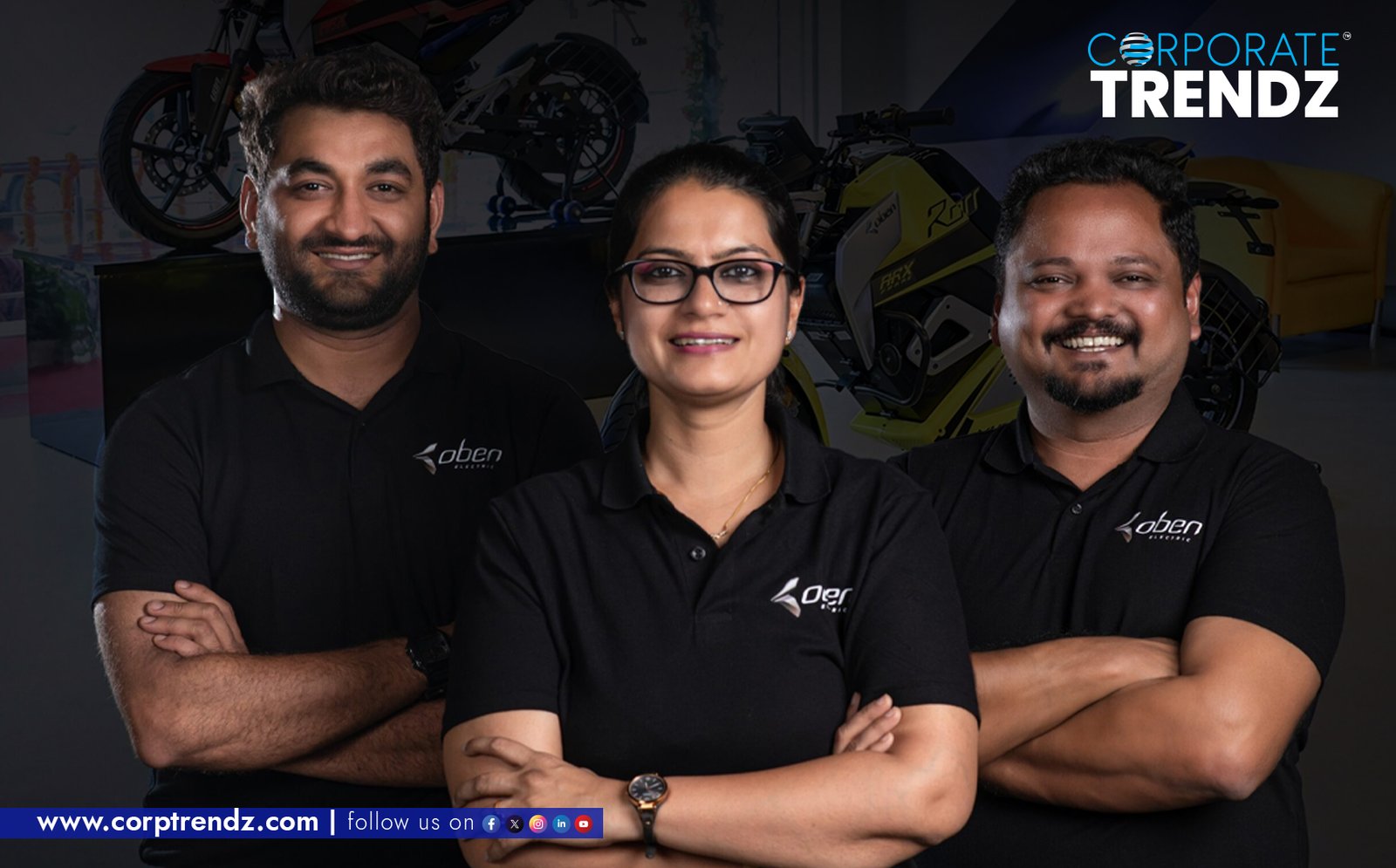 Oben Electric founders Madhumita Agrawal, Dinkar Agrawal, and Sagar Thakkar with an Oben electric motorcycle, celebrating ₹100 crore Series A funding.