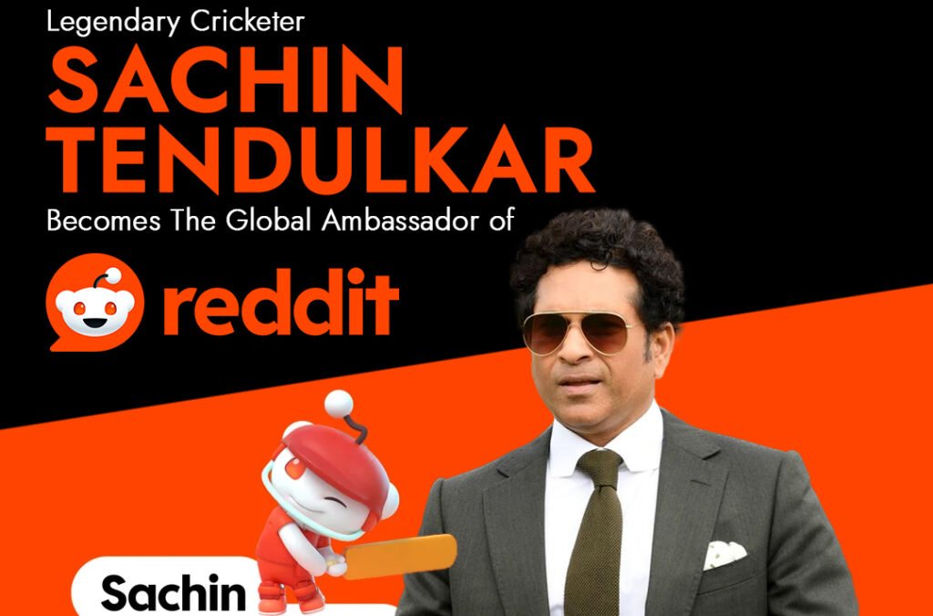 A professional portrait of Sachin Tendulkar, the legendary Indian cricketer, alongside the Reddit logo. The image conveys a sense of partnership and global reach.