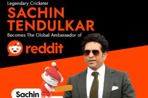 A professional portrait of Sachin Tendulkar, the legendary Indian cricketer, alongside the Reddit logo. The image conveys a sense of partnership and global reach.
