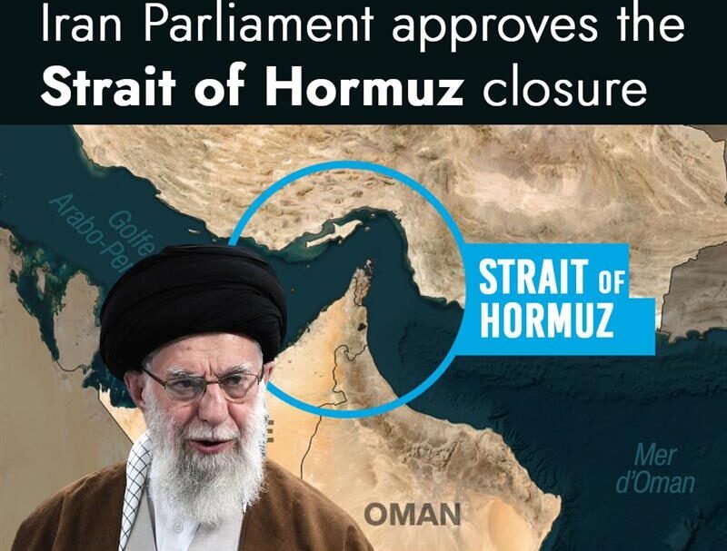 A map showing the strategic location of the Strait of Hormuz between Iran and Oman, with oil tankers navigating the narrow waterway.