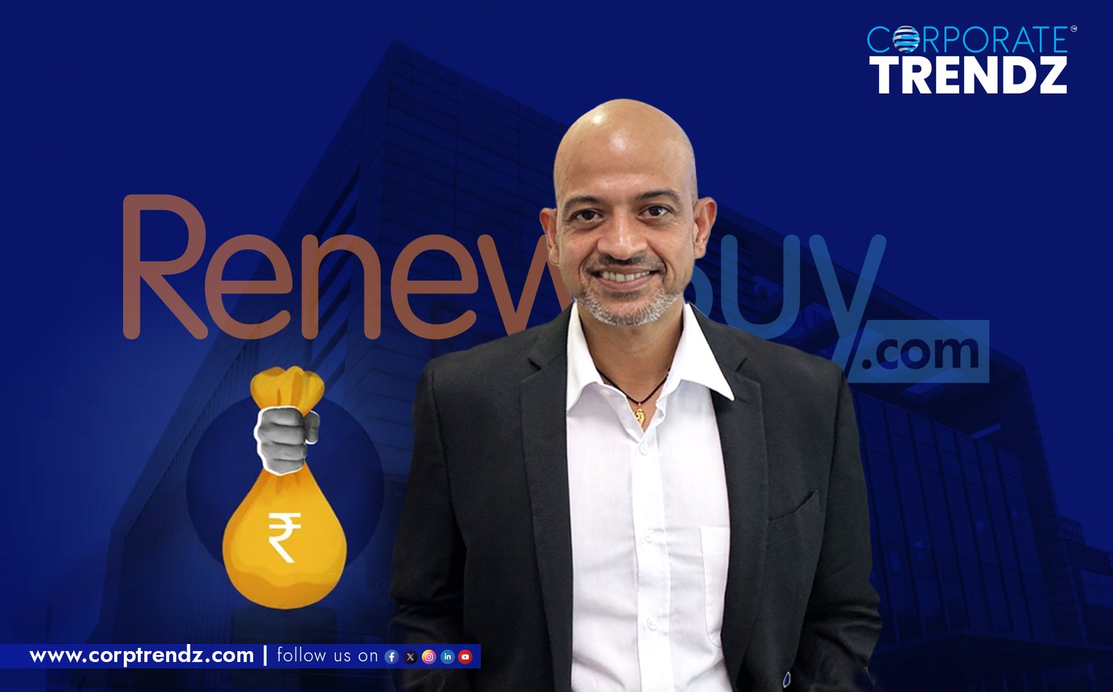 RenewBuy logo or a group photo of RenewBuy founders Balachander Sekhar, Indraneel Chatterjee, and Devesh Joshi, signifying growth and expansion.