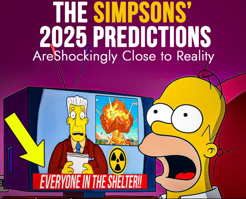 A collage or visual representation of iconic "The Simpsons" characters or scenes alongside real-world images that reflect their alleged predictions, like Donald Trump, robots, or conflict.