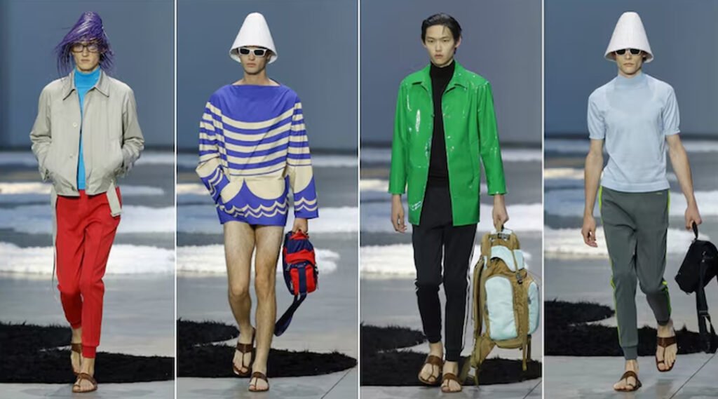 A Prada runway model wearing "leather flat sandals" that strongly resemble traditional Indian Kolhapuri chappals, contrasting with images of authentic Kolhapuri chappals sold by Indian artisans.