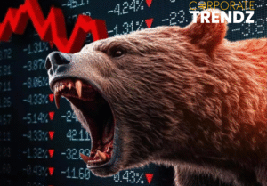 A red down-pointing arrow superimposed on a chart showing a significant decline, symbolizing the sharp fall in Indian equity markets, with the Nifty 50 and Sensex logos partially visible.