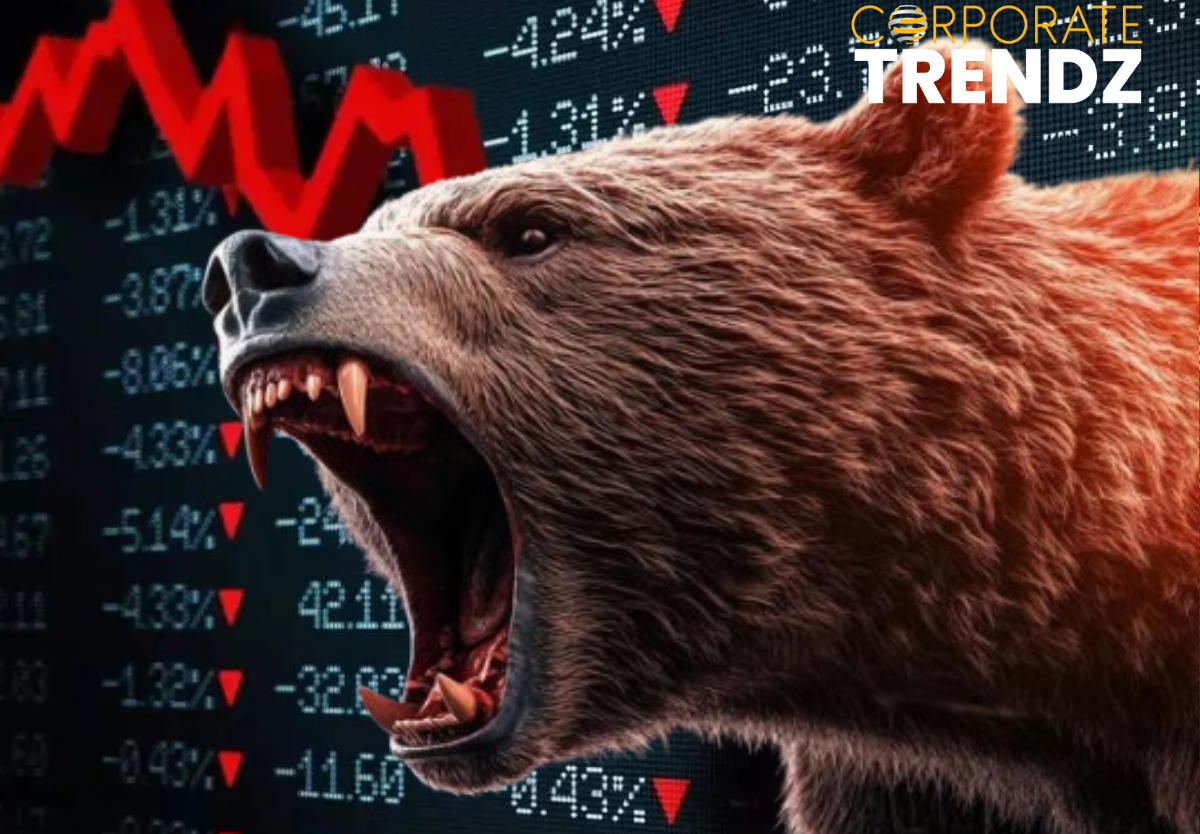 A red down-pointing arrow superimposed on a chart showing a significant decline, symbolizing the sharp fall in Indian equity markets, with the Nifty 50 and Sensex logos partially visible.