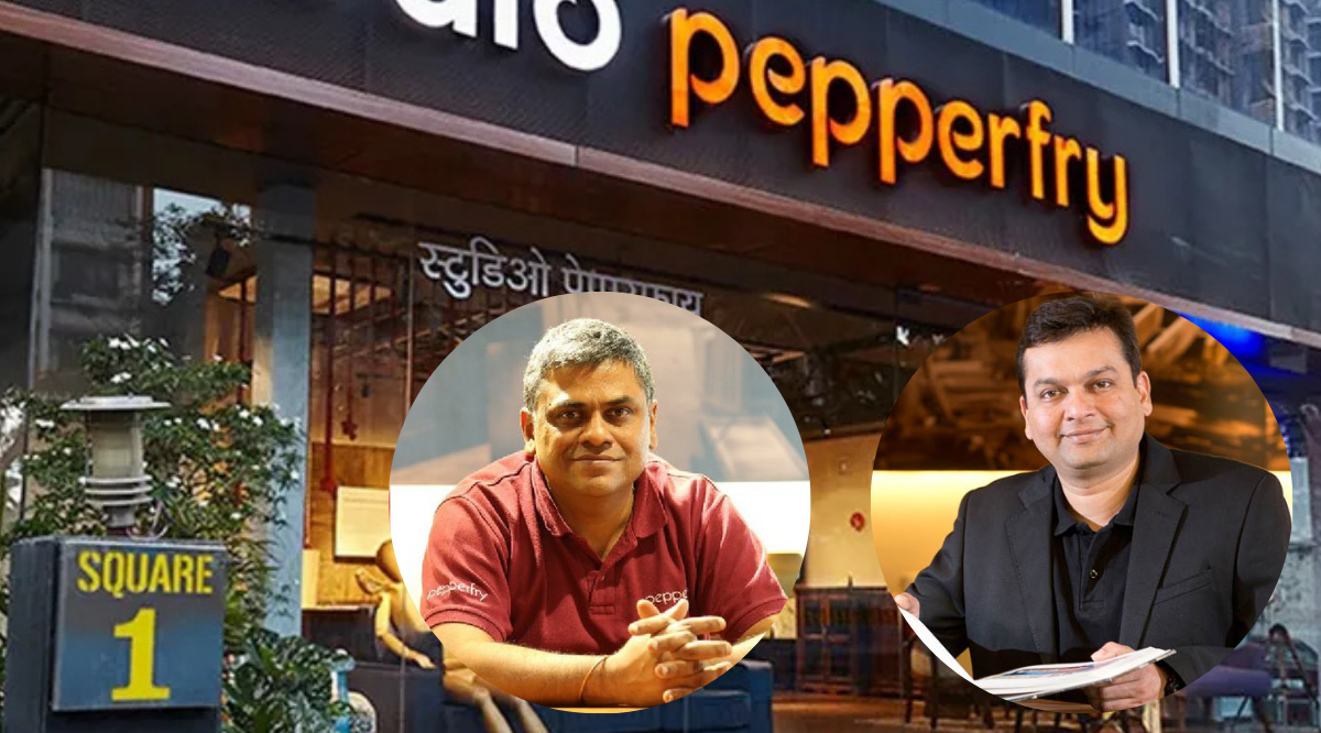 A modern, stylish furniture showroom or a graphic representing online shopping for home decor, with the Pepperfry logo prominent.