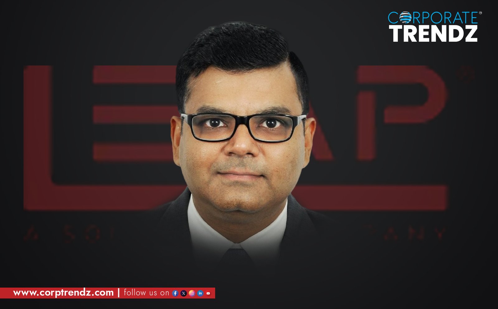 Professional headshot of Hrishi Gandhi, a man in a business suit, with a confident and forward-looking expression, symbolizing his new Chief Growth Officer role at LEAP India.