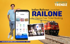 A smartphone screen displaying the new "RailOne" app interface with train journey details, next to a miniature train model, symbolizing the modernization of Indian Railways ticketing and services.