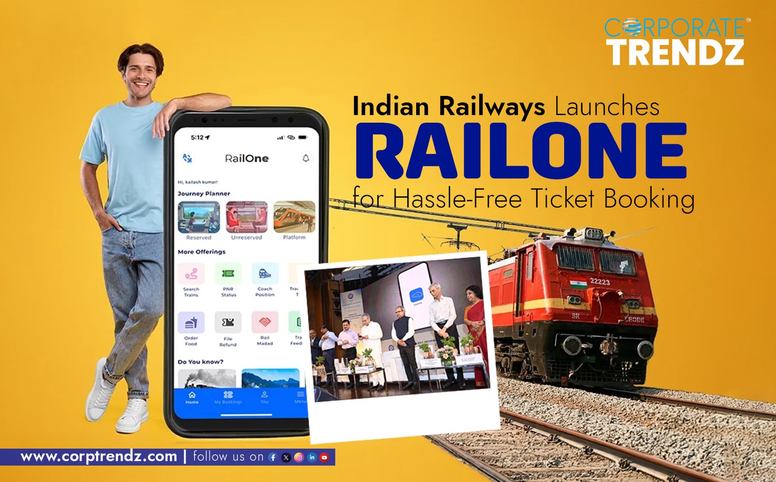 A smartphone screen displaying the new "RailOne" app interface with train journey details, next to a miniature train model, symbolizing the modernization of Indian Railways ticketing and services.