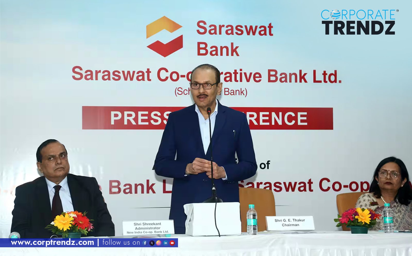 A graphic displaying the logos of Saraswat Bank and New India Co-operative Bank, with an arrow or handshake icon symbolizing the proposed merger, set against a backdrop suggesting financial stability.