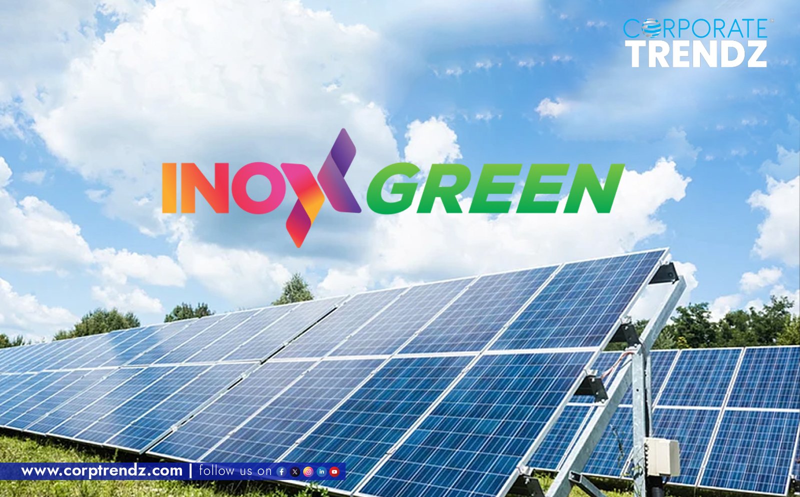 A graphic showing solar panels or a clean energy plant, with the logos of Inox Clean Energy and Skypower Solar India, representing their acquisition.