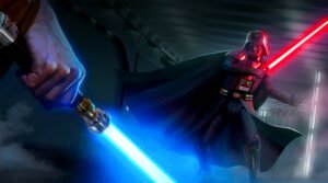 A powerful laser beam, perhaps with a slight glow or aura, hinting at a lightsaber, accompanied by scientific equipment in a lab.