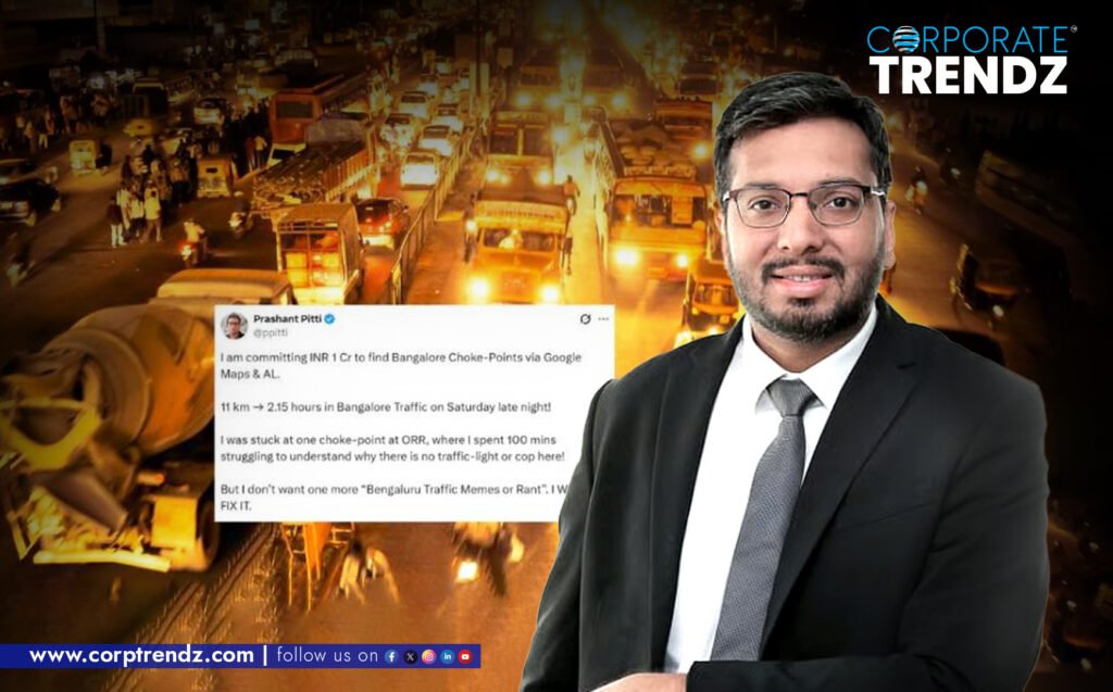 Prashant Pitti, co-founder of EaseMyTrip, looking thoughtful or determined, with a blurred background of heavy city traffic in Bengaluru.