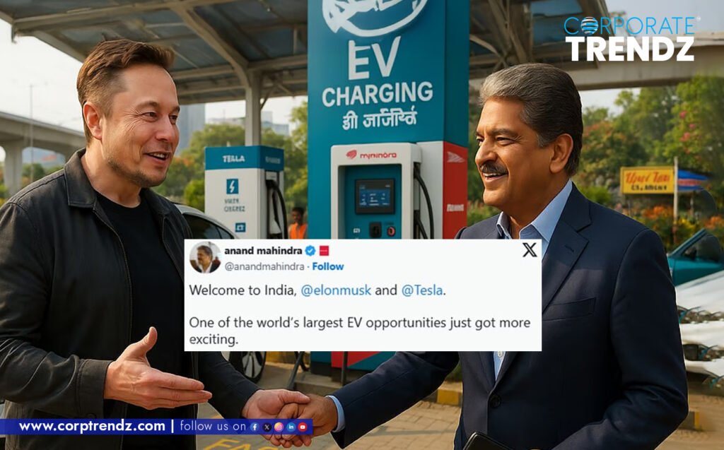 Anand Mahindra, Chairman of Mahindra Group, with a subtle graphic featuring the Tesla logo and possibly a charging station icon, representing his welcome message.