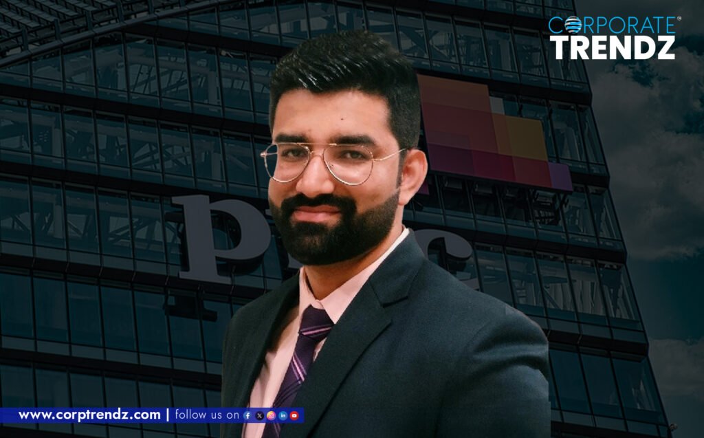 Abhishek Kohli, a confident and astute finance professional, is featured in a sleek, modern office environment, signifying his leadership role at a top consulting firm.