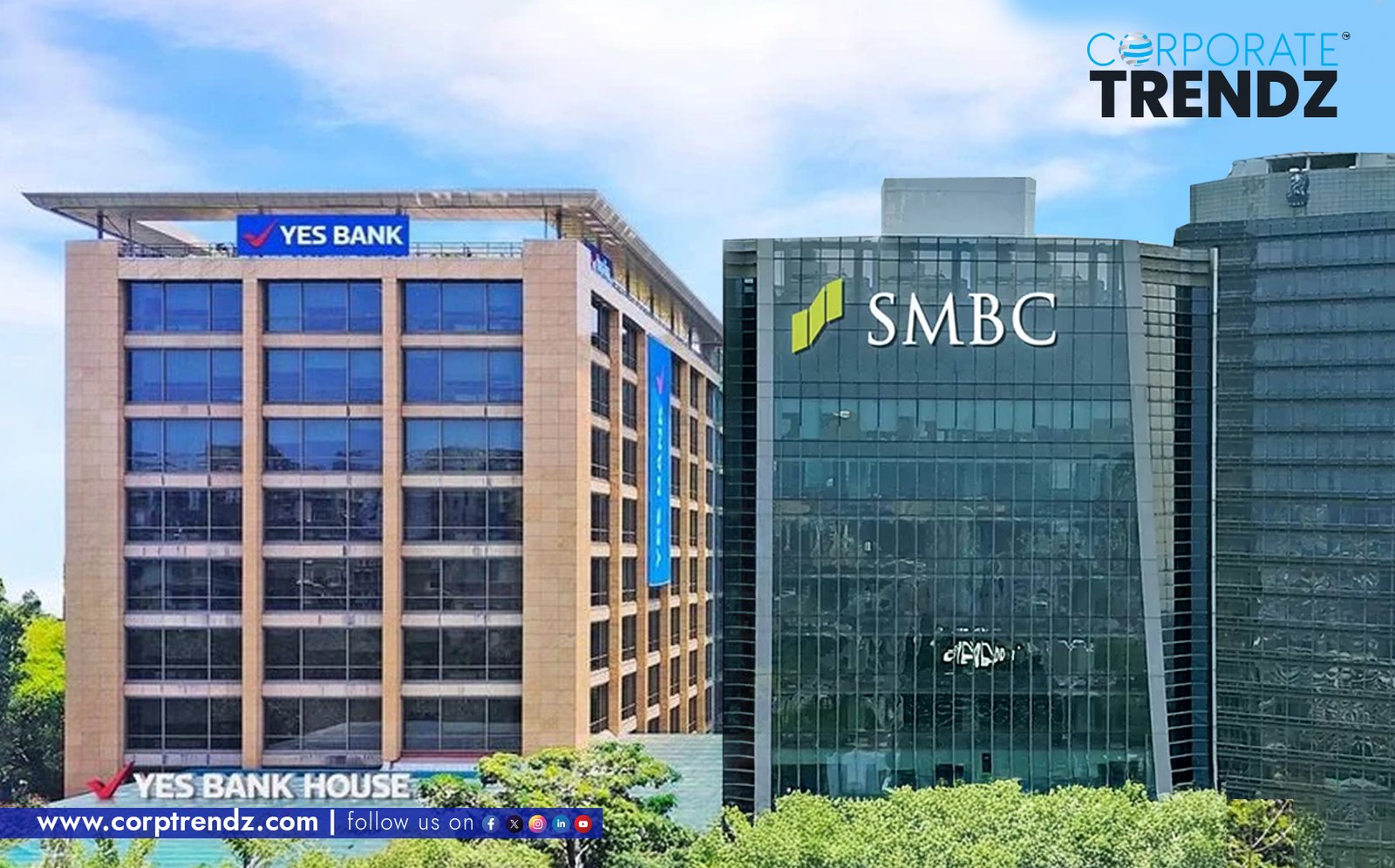 A graphic featuring the logos of Sumitomo Mitsui Banking Corporation (SMBC) and YES BANK, with text announcing the CCI's approval for the landmark stake acquisition.