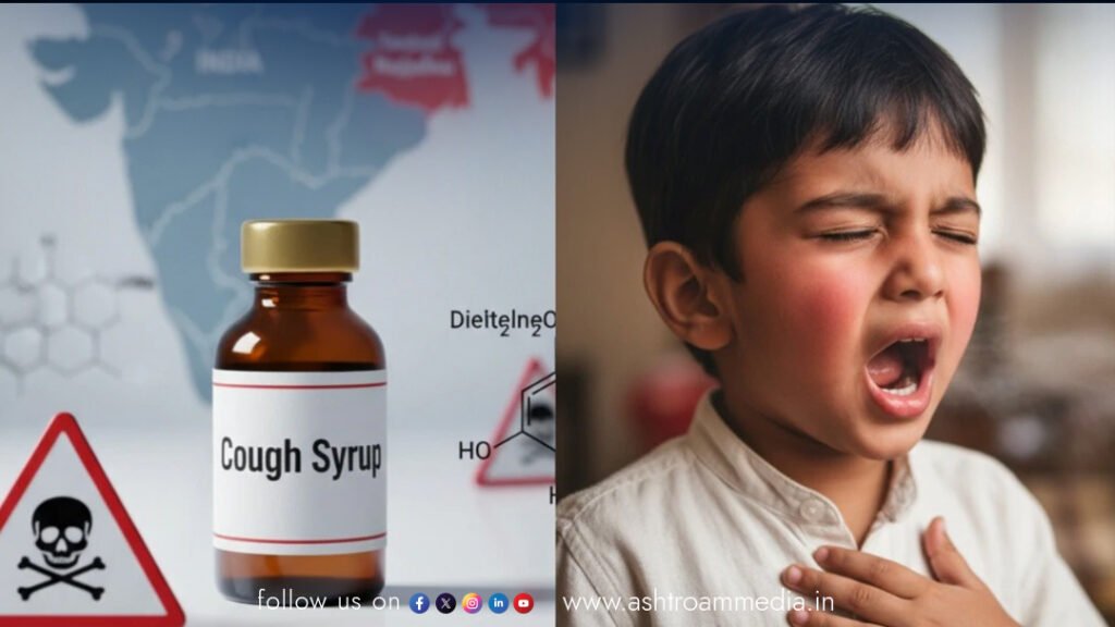 A graphic displaying the World Health Organization (WHO) logo with a prominent red alert symbol and images of the flagged cough syrup bottles.

