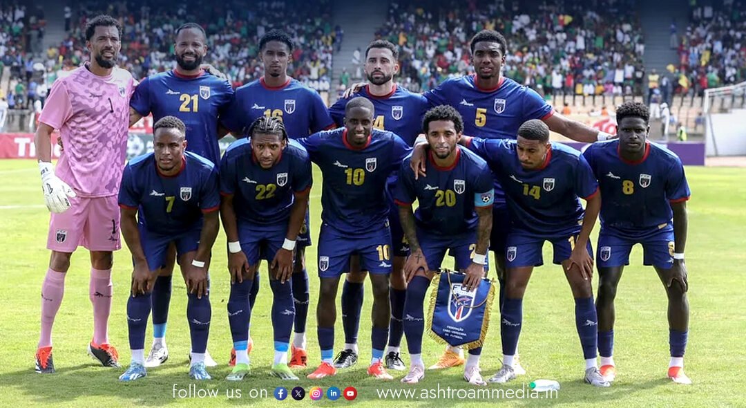 The Cape Verde national football team celebrating their historic, first-ever qualification for the FIFA World Cup after their victory.